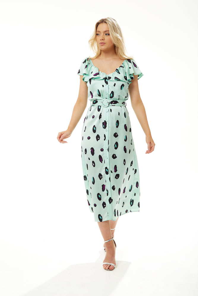 Liquorish Belted Midi Dress with Off Shoulder Sleeves in Mint Animal Print