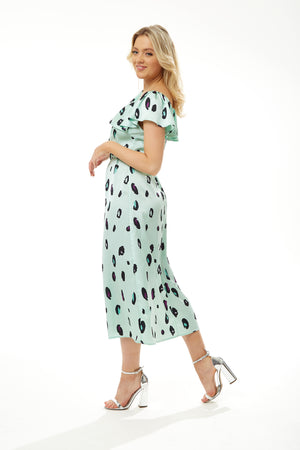 Liquorish Belted Midi Dress with Off Shoulder Sleeves in Mint Animal Print