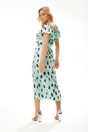 Liquorish Belted Midi Dress with Off Shoulder Sleeves in Mint Animal Print