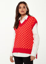 Liquorish Chequered Knitted Vest in Orange & Red