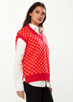 Liquorish Chequered Knitted Vest in Orange & Red