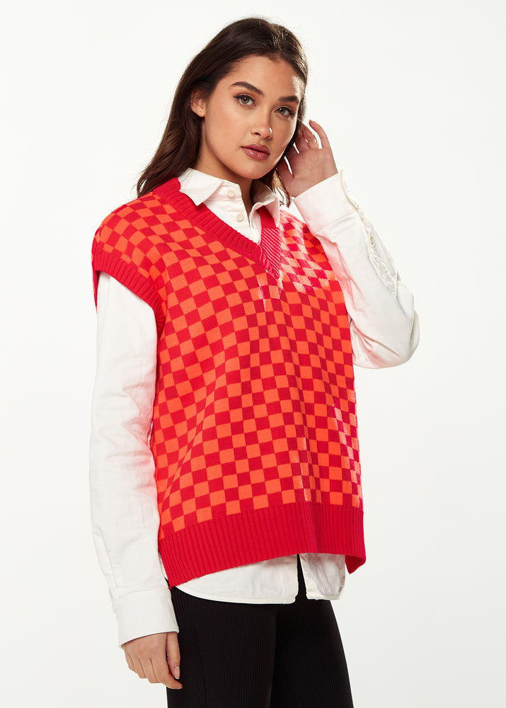 Liquorish Chequered Knitted Vest in Orange & Red