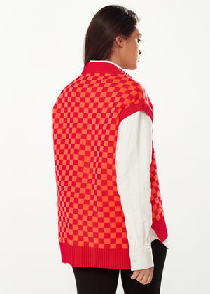 Liquorish Chequered Knitted Vest in Orange & Red
