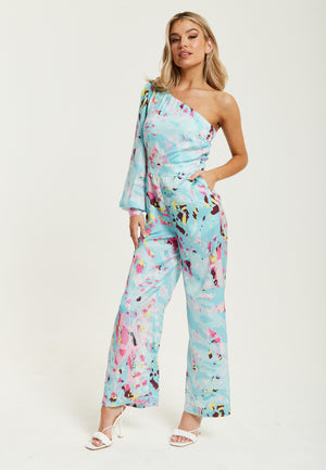 Liquorish Blue Abstract Print One Shoulder Jumpsuit
