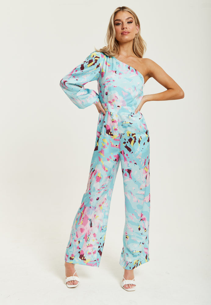 Liquorish Blue Abstract Print One Shoulder Jumpsuit