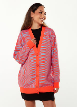 Liquorish Geometric Pattern Cardigan In Light Blue & Orange