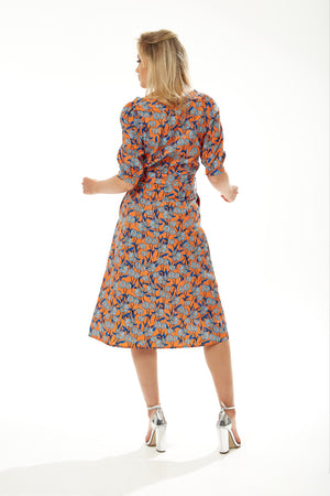 Liquorish Orange Floral Midi Dress with Waist Tie