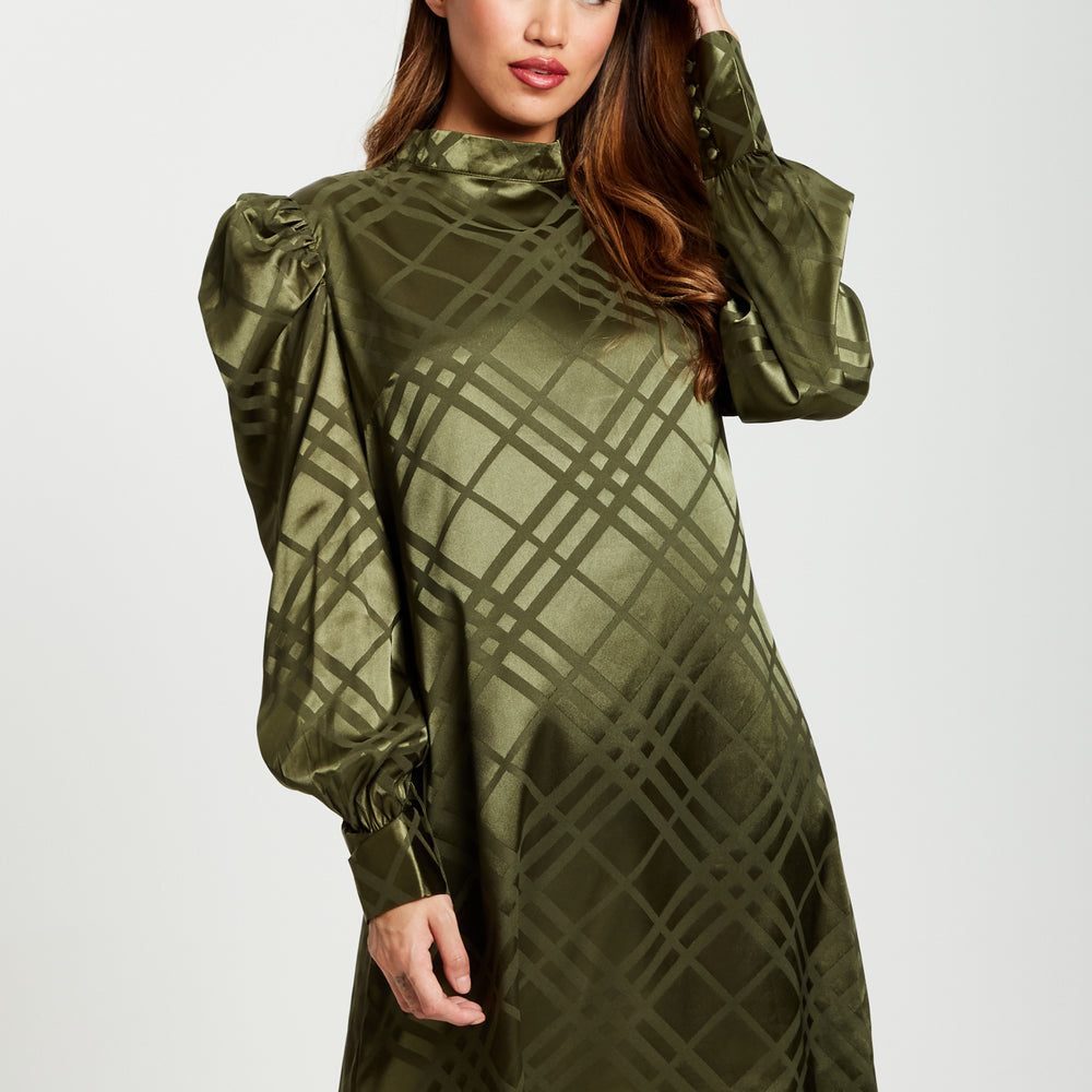 
                  
                    Liquorish Check Jacquard Mini Dress With High Neck & Puff Sleeve Details In Khaki
                  
                