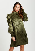 Liquorish Check Jacquard Mini Dress With High Neck & Puff Sleeve Details In Khaki
