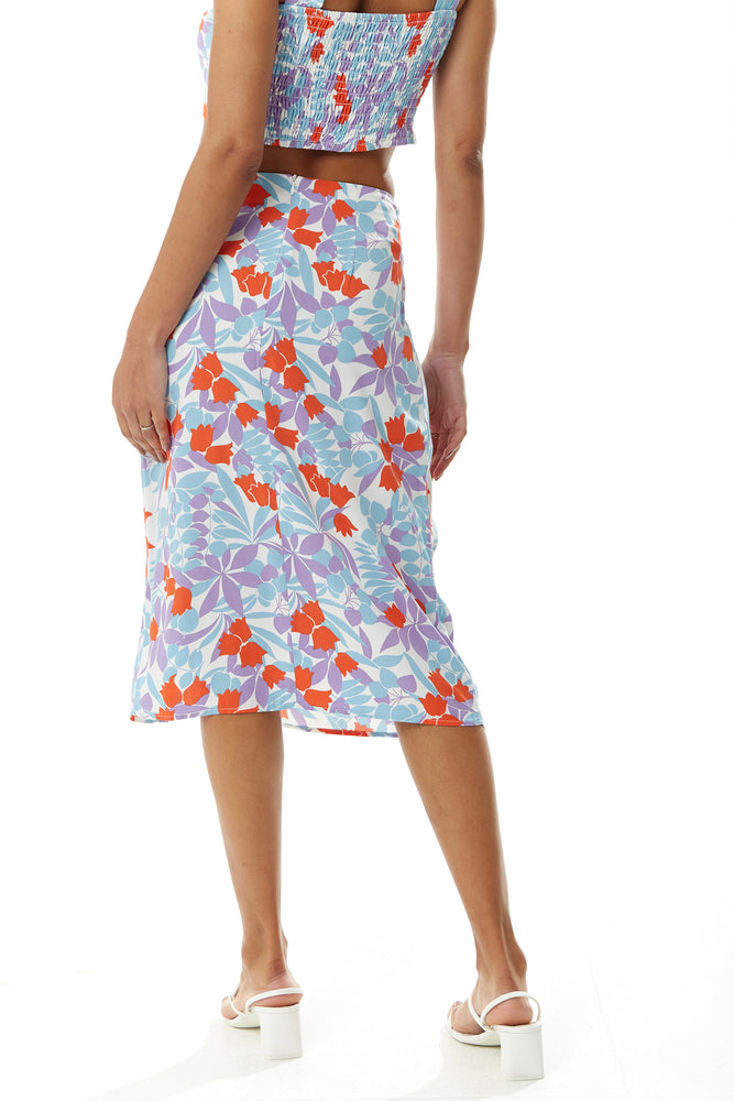 Liquorish Floral Knot Front Midi Skirt in Blue and Red