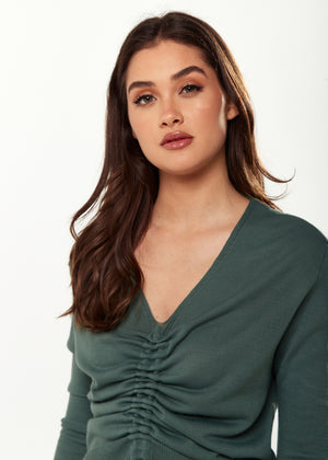 Liquorish V-Neck Top with Ruching Detail in Green