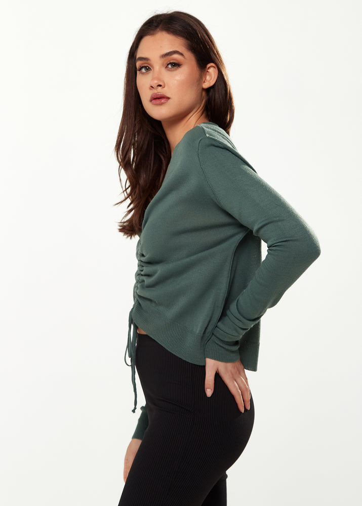 Liquorish V-Neck Top with Ruching Detail in Green