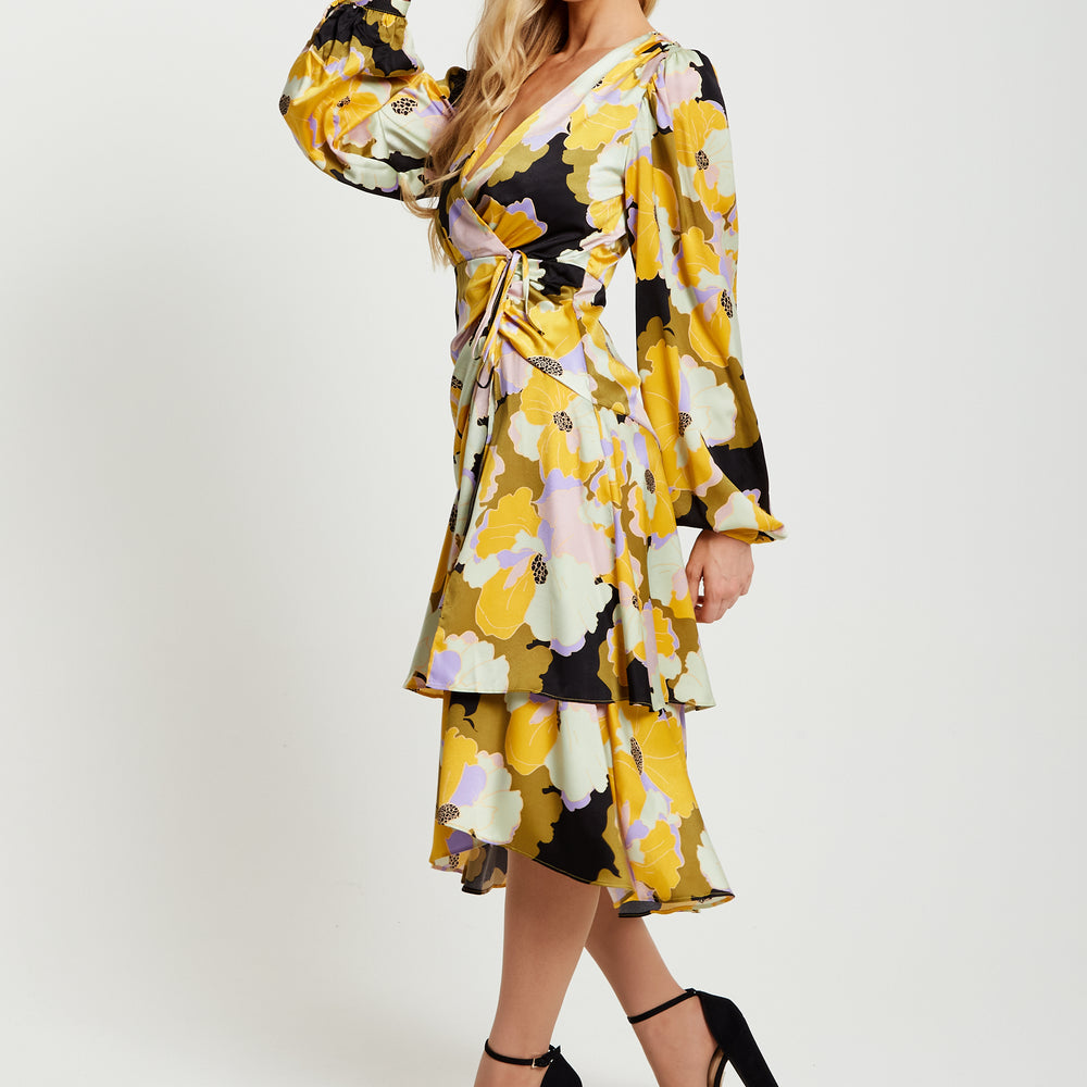 
                  
                    Liquorish Earth Tone Floral Print Midi Wrap Dress With Frill Details And Balloon Sleeves
                  
                