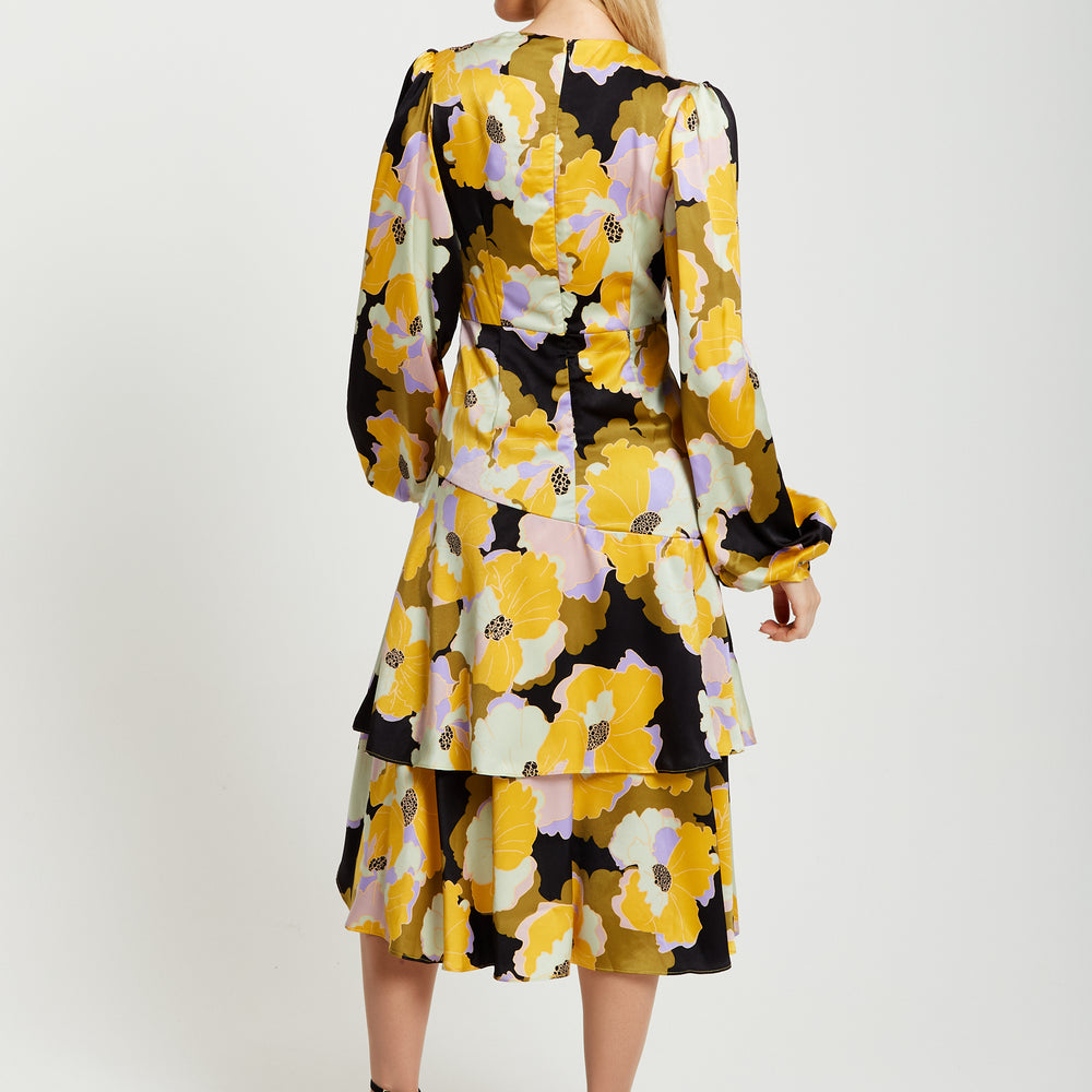 
                  
                    Liquorish Earth Tone Floral Print Midi Wrap Dress With Frill Details And Balloon Sleeves
                  
                