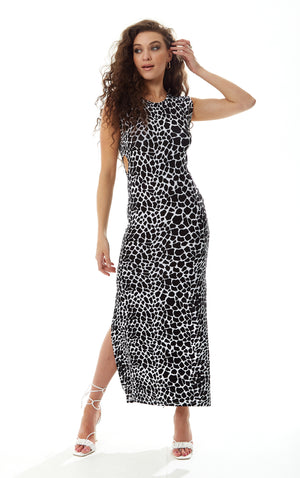 Liquorish Black and White Giraffe Print Maxi Dress with Cut out details