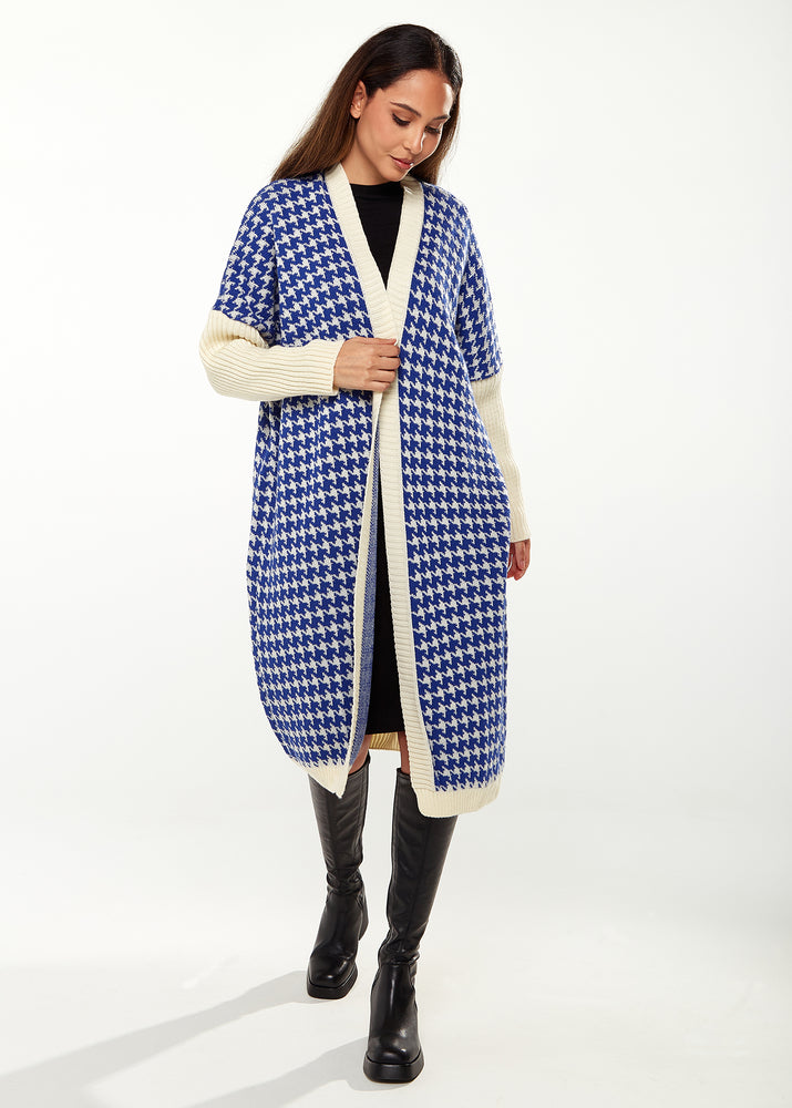Exclusive Liquorish Midi Houndstooth Pattern Cardigan In Blue & Cream
