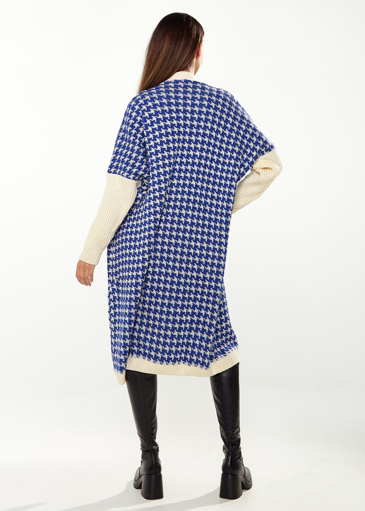 Exclusive Liquorish Midi Houndstooth Pattern Cardigan In Blue & Cream