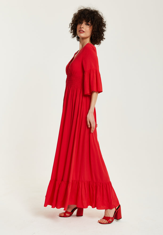 Liquorish Red Maxi Dress With Frill Sleeves
