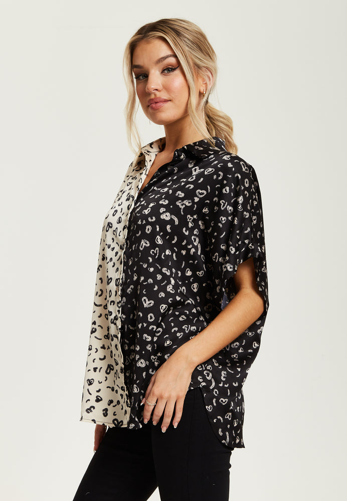 Liquorish Monochrome Heart Print Shirt With Short Sleeves