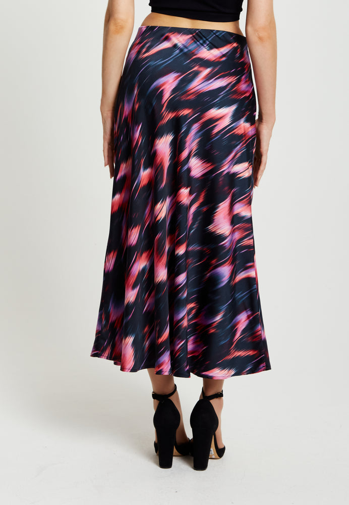 Liquorish Abstract Ikat Print Midi Skirt In Black And Pink