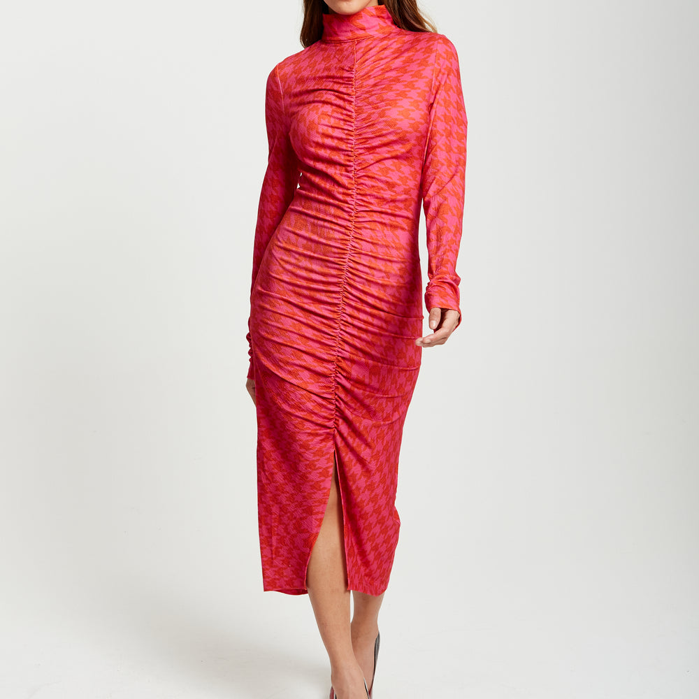 
                  
                    Liquorish Distorted Houndstooth Print Fitted Midi Dress With High Neck & Ruching Detail
                  
                