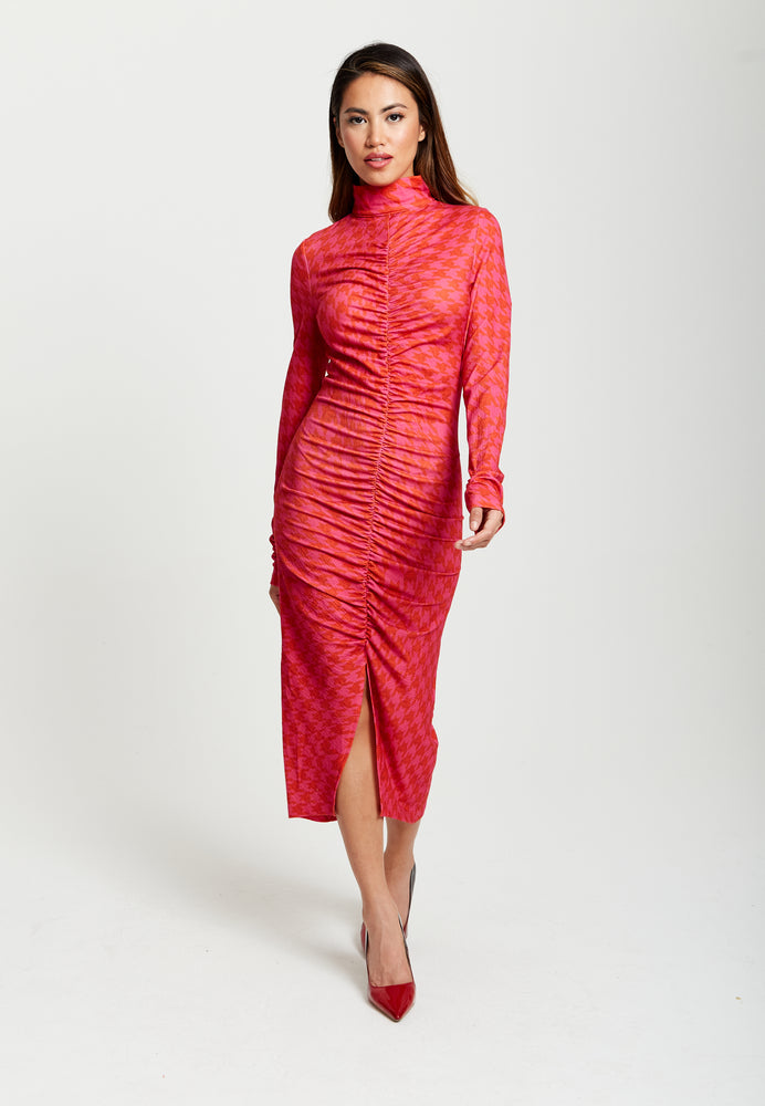 Liquorish Distorted Houndstooth Print Fitted Midi Dress With High Neck & Ruching Detail