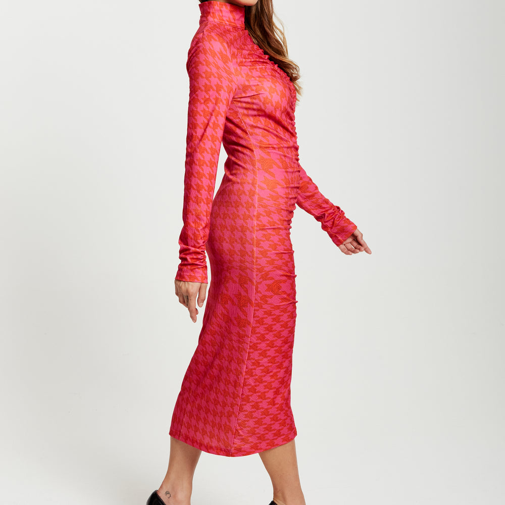 
                  
                    Liquorish Distorted Houndstooth Print Fitted Midi Dress With High Neck & Ruching Detail
                  
                