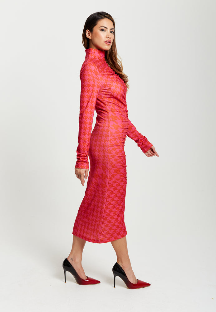 Liquorish Distorted Houndstooth Print Fitted Midi Dress With High Neck & Ruching Detail