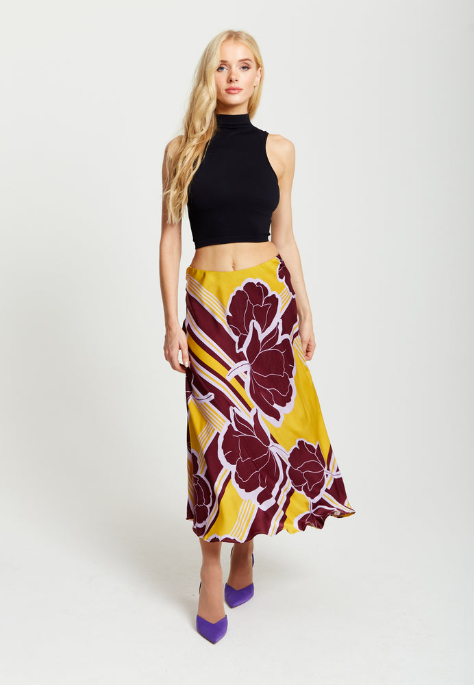 Liquorish Geometric Floral Print Midi Skirt In Mustard And Burgundy