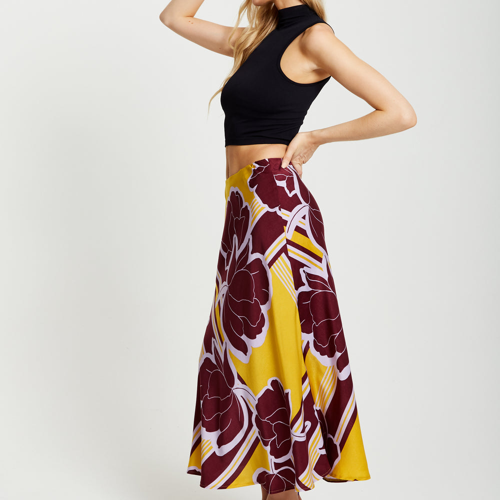 
                  
                    Liquorish Geometric Floral Print Midi Skirt In Mustard And Burgundy
                  
                