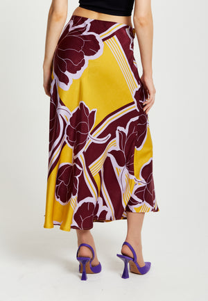 Liquorish Geometric Floral Print Midi Skirt In Mustard And Burgundy
