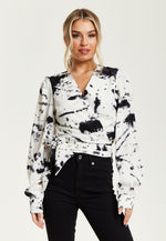 Liquorish Mono Abstract Print Wrap Top With Long Sleeves