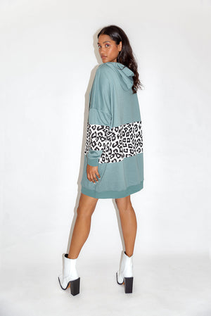 Liquorish Oversized Loungewear Hoodie Dress in Sage and Leopard Print