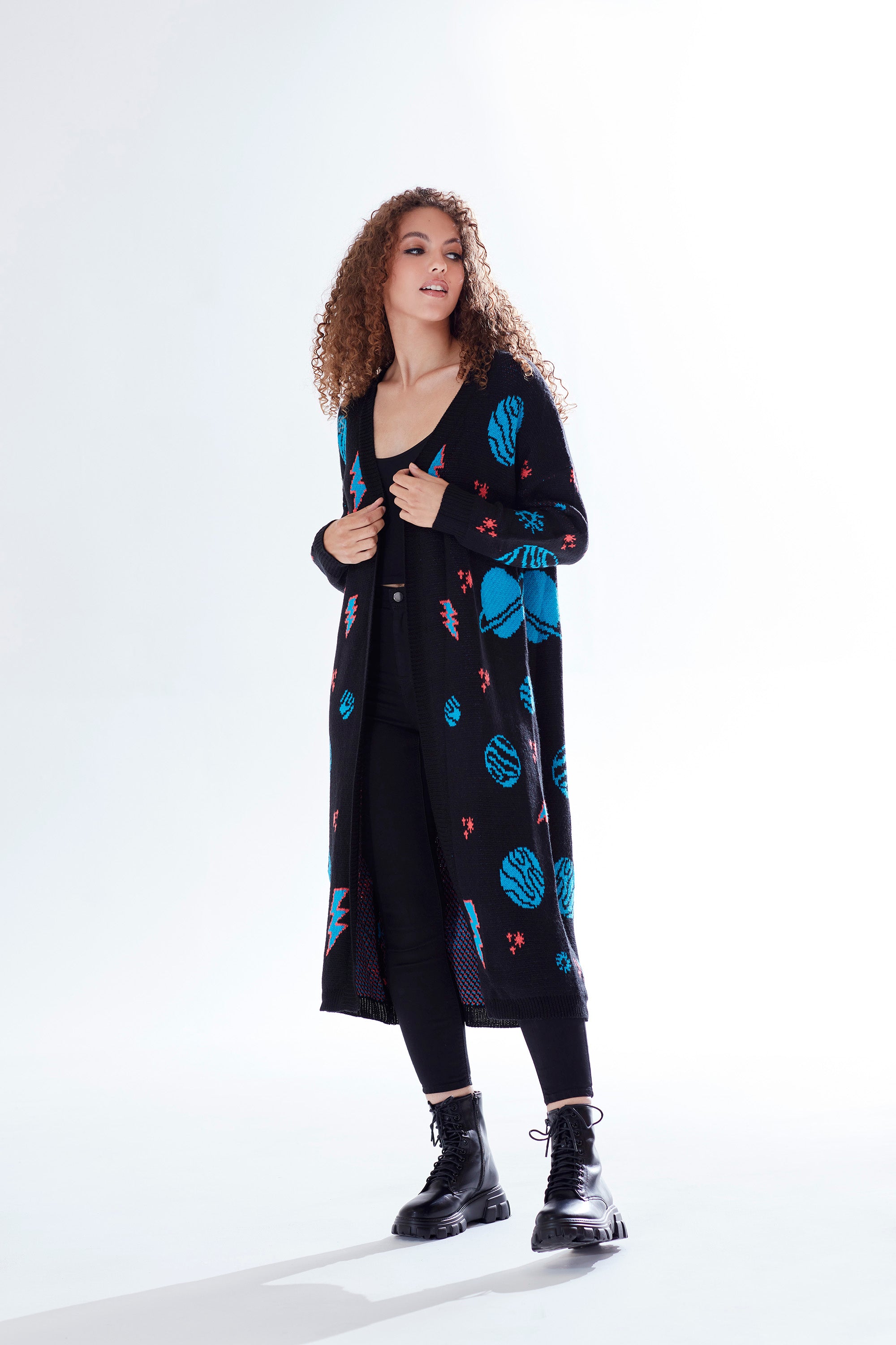 Liquorish Cosmic Pattern Open Front Cardigan In Black, Turquoise