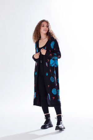 Liquorish Cosmic Pattern Open Front Cardigan In Black, Turquoise & Orange