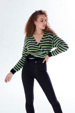 Liquorish Striped Wrap-Around Cardigan In Green & Black