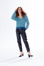 Liquorish Textured Striped Cardigan In Blue, Turquoise & White Tones