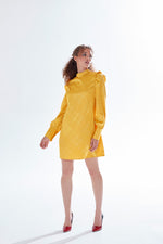 Liquorish Check Jacquard Mini Dress With High Neck & Puff Sleeve Details In Mustard