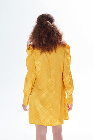 Liquorish Check Jacquard Mini Dress With High Neck & Puff Sleeve Details In Mustard
