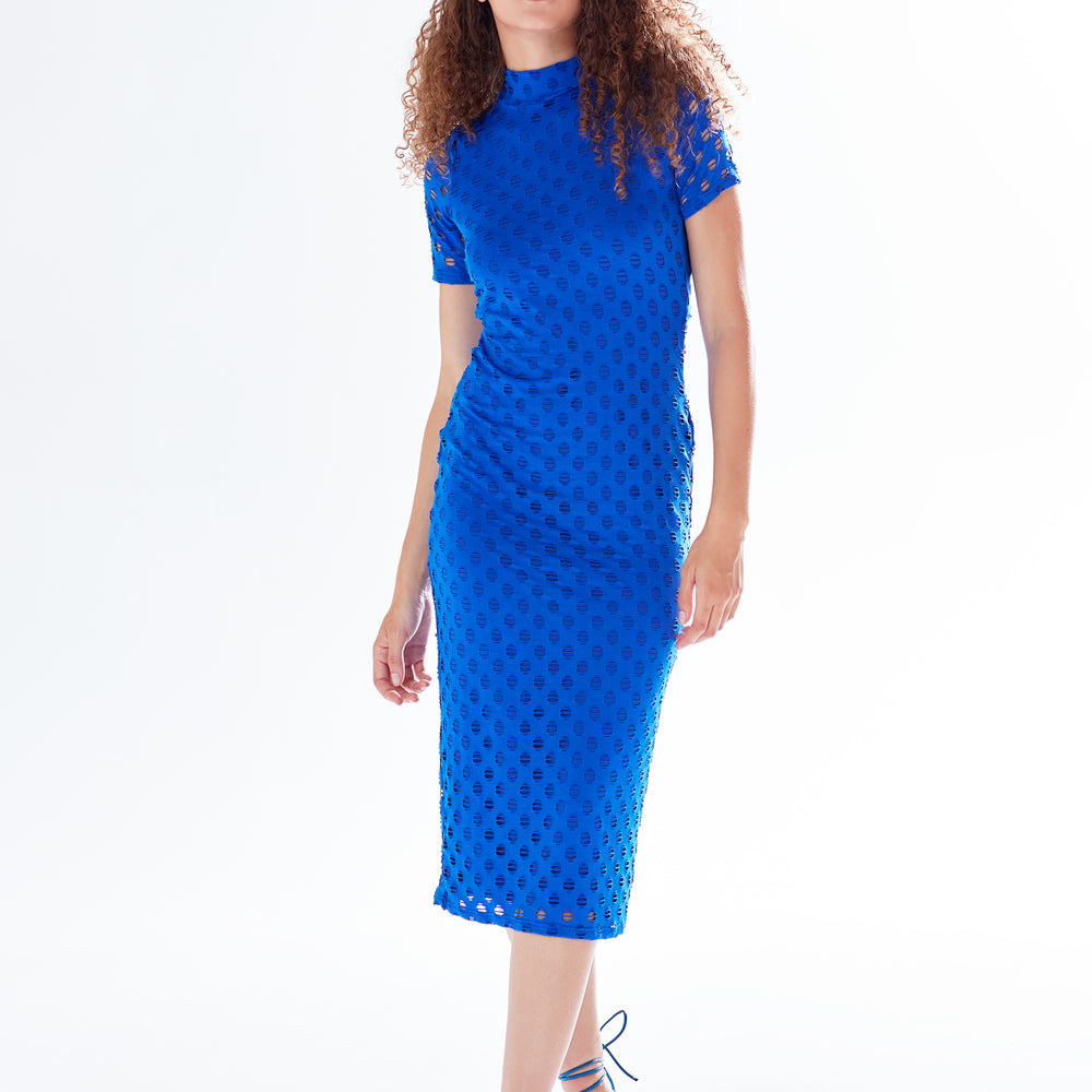 
                  
                    Liquorish Midi Dress with High Neck, Short Sleeves and Open Back Detail in Blue
                  
                