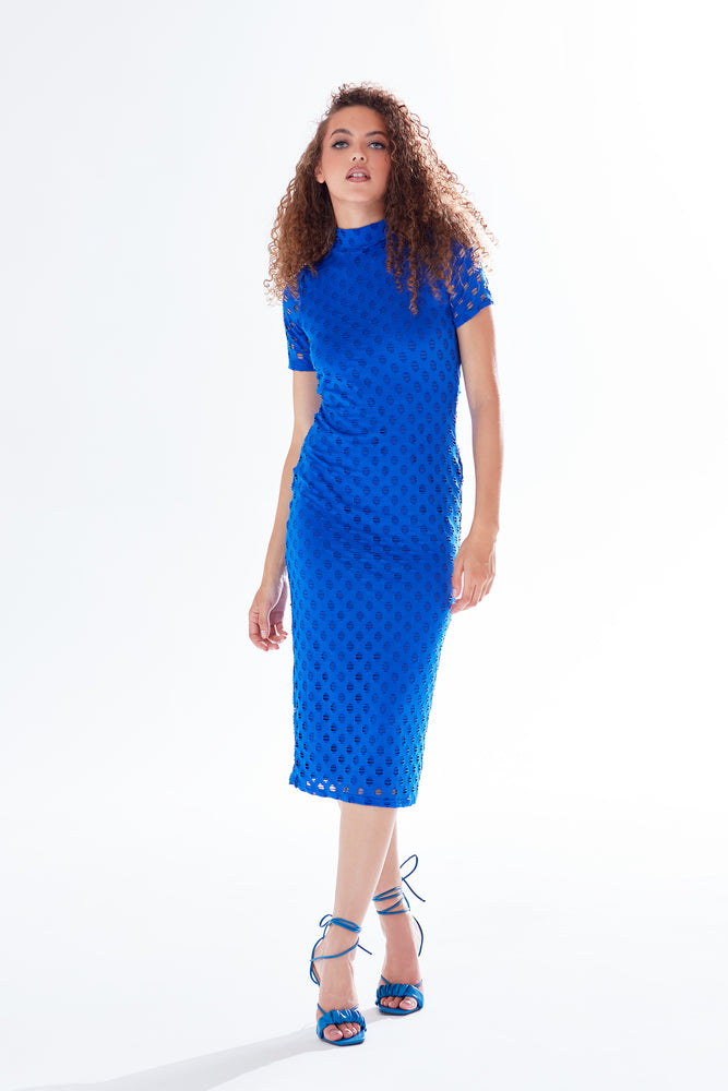 Liquorish Midi Dress with High Neck, Short Sleeves and Open Back Detail in Blue