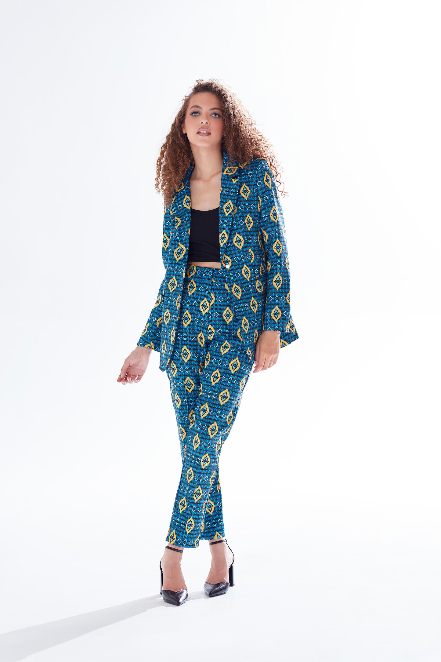 
                  
                    Liquorish African Print Cigarette Suit Trousers in Blue, Yellow & Navy
                  
                