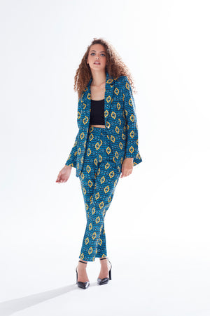Liquorish African print cigarette suit trousers in blue, yellow & navy