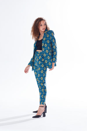 Liquorish African print suit blazer in blue, yellow & navy