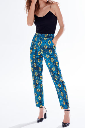 Liquorish African Print Cigarette Suit Trousers in Blue, Yellow & Navy