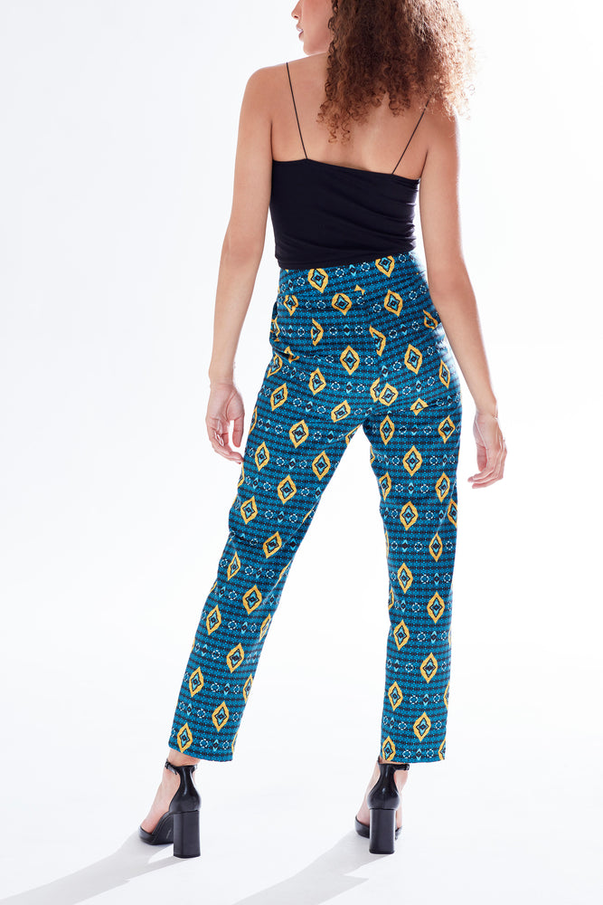 Liquorish African print cigarette suit trousers in blue, yellow & navy