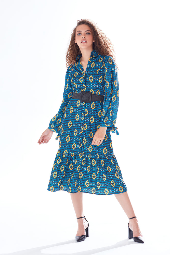 Liquorish African print midi dress with tiered skirt detail in blue, yellow & navy