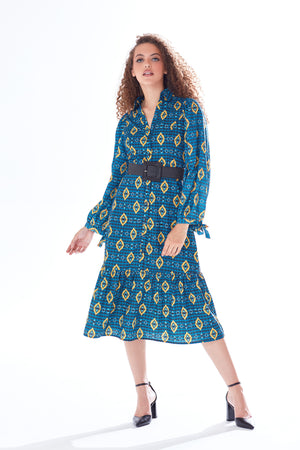 Liquorish African Print Midi Dress With Tiered Skirt Detail In Blue, Yellow & Navy