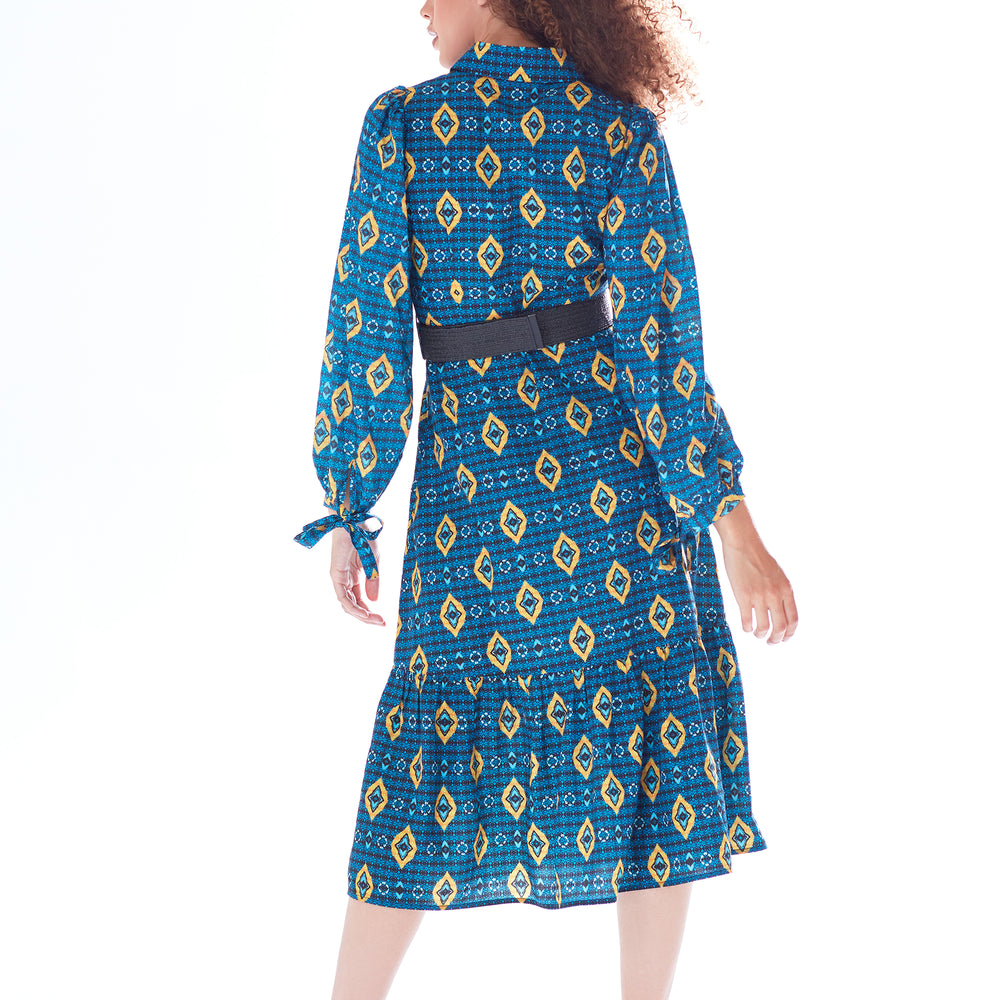 
                  
                    Liquorish African Print Midi Dress With Tiered Skirt Detail In Blue, Yellow & Navy
                  
                