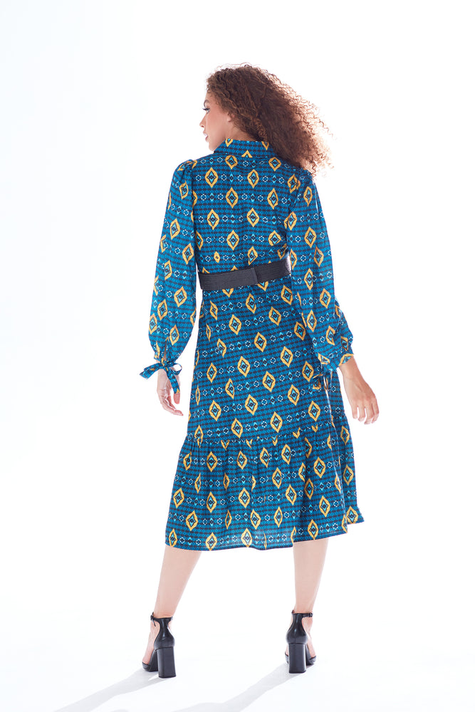 Liquorish African print midi dress with tiered skirt detail in blue, yellow & navy